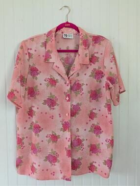 Maggie Sweet Women's Button On Blouse Short Sleeve Floral Multicolor Size L Pink